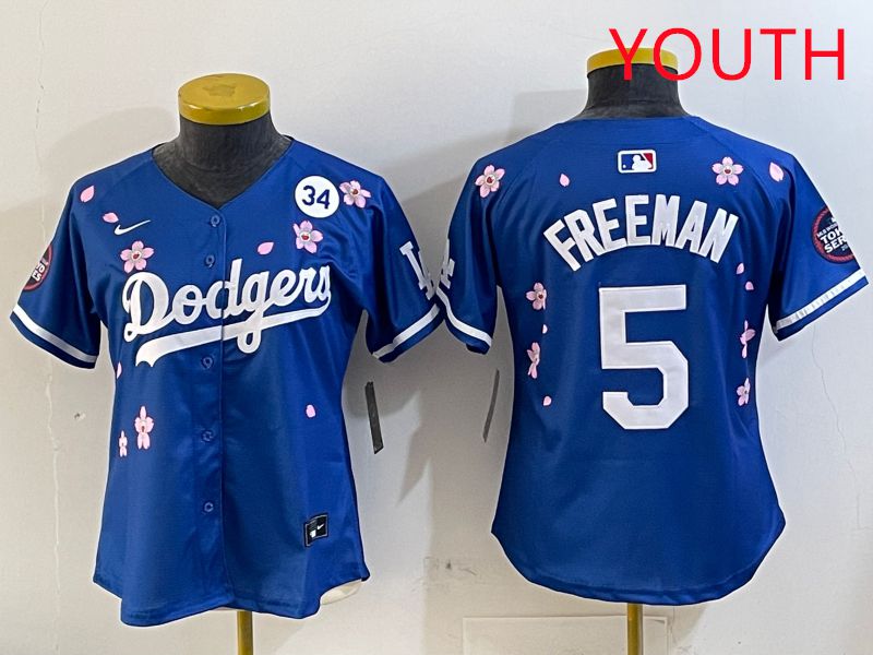 Youth Los Angeles Dodgers #5 Freeman Blue Sakura Edition 2025 Nike MLB Jersey style 5->youth mlb jersey->Youth Jersey